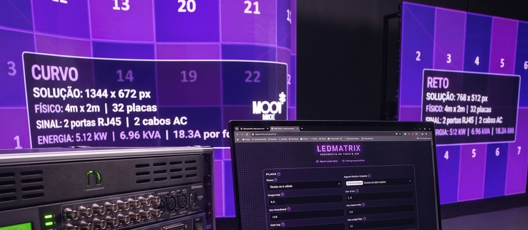 Painel de LED roxo montado em evento, calculado no LedMatrix