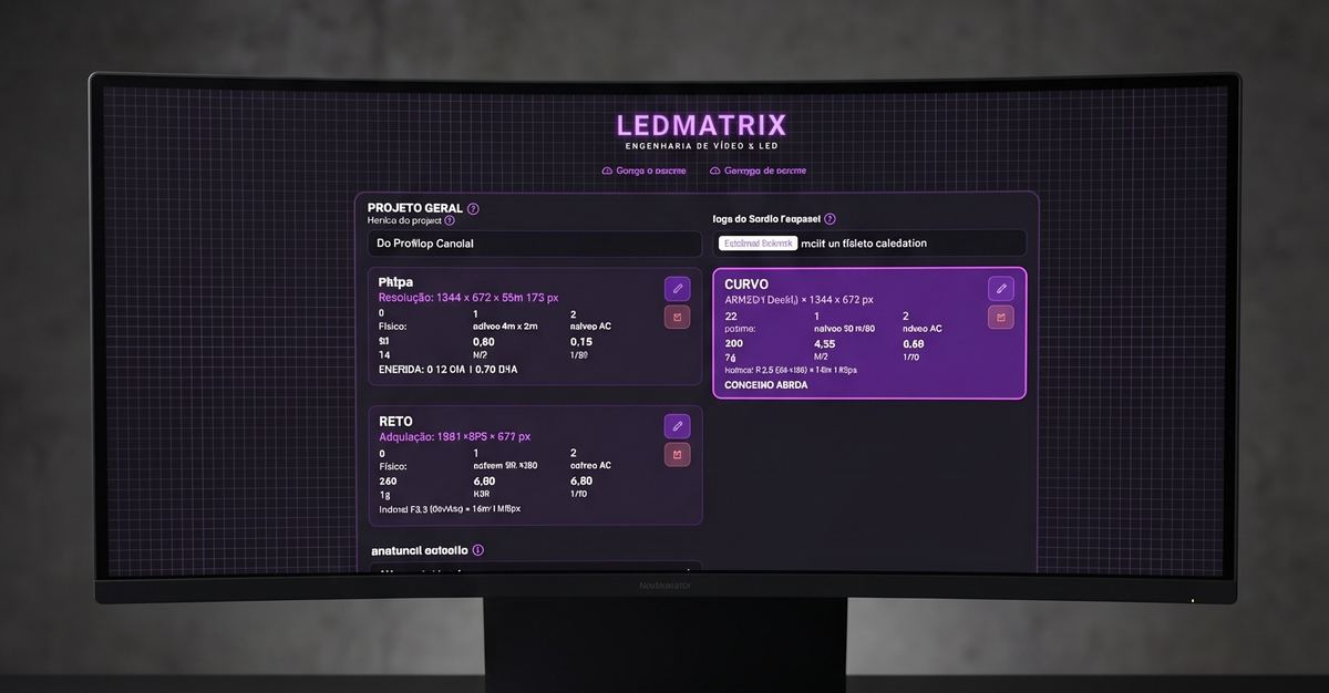 Setup de trabalho do LedMatrix com tela LED calculada e rack de equipamento